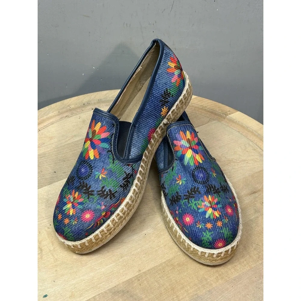 Sergio‎ Banamex Shoes Womens Size 8.5 Blue Floral Denim Espadrille Slip On